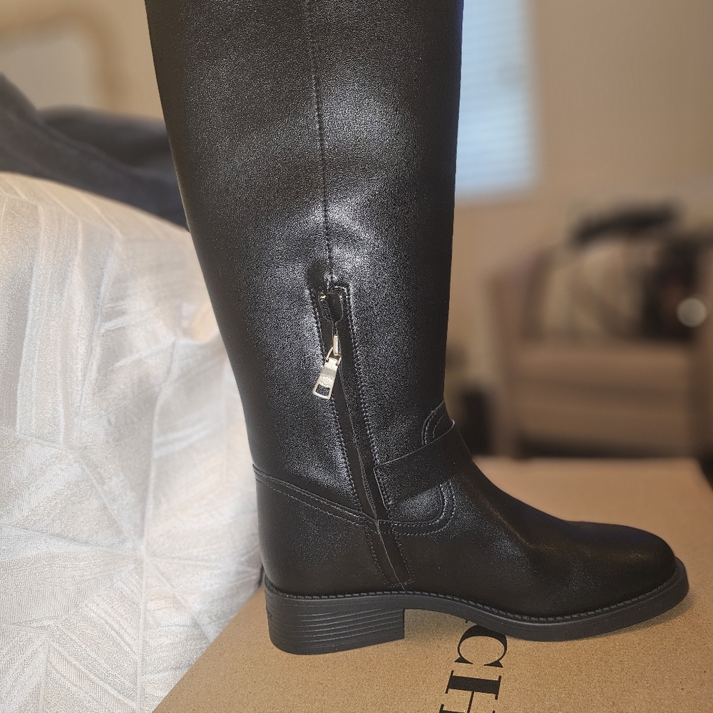 Coach Black Leather Riding Boots With Gold Buckle Accent - Picture 4 of 5